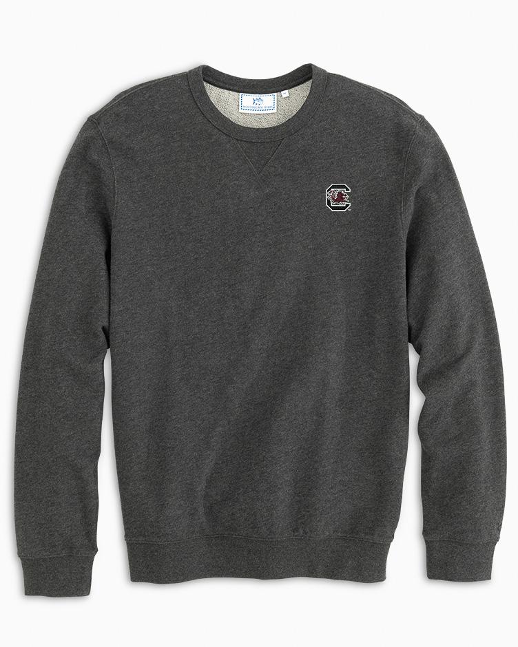 The front view of the Men's Grey USC Upper Deck Pullover Sweatshirt by Southern Tide - Heather Black