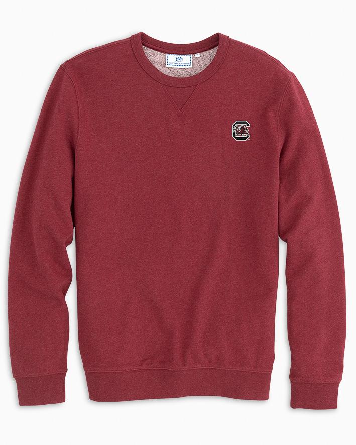 The front view of the Men's Red USC Upper Deck Pullover Sweatshirt by Southern Tide - Heather Chianti