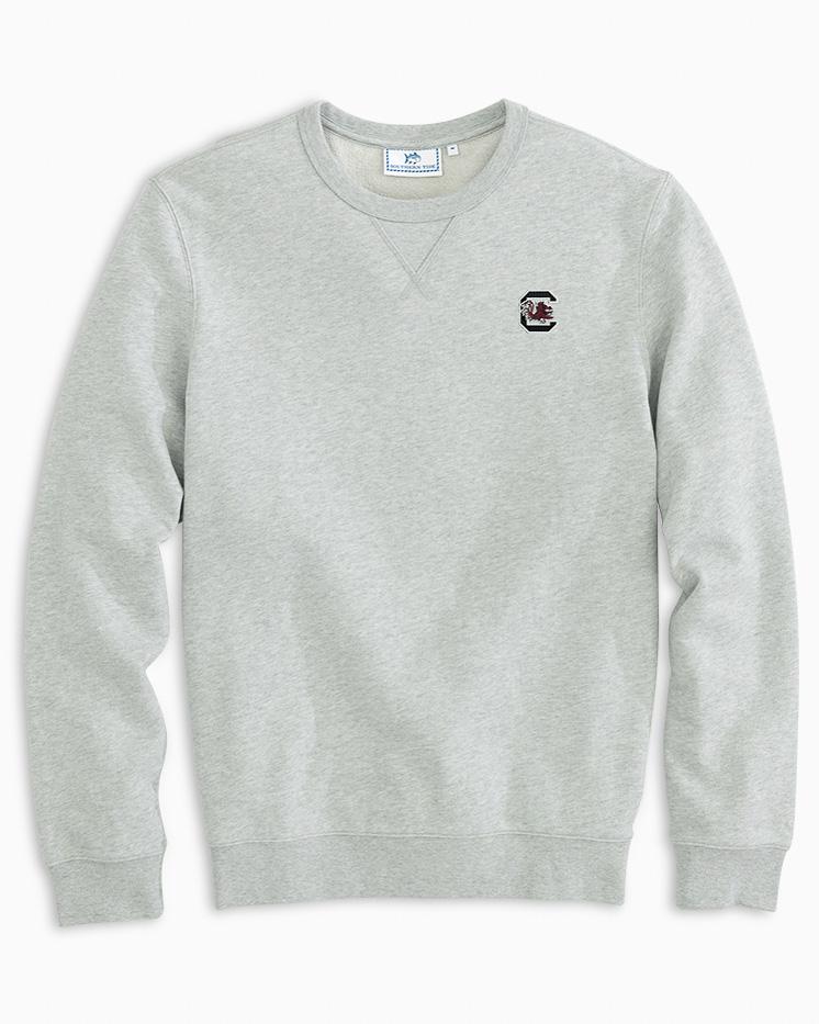 The front view of the Men's Grey USC Upper Deck Pullover Sweatshirt by Southern Tide - Heather Slate Grey