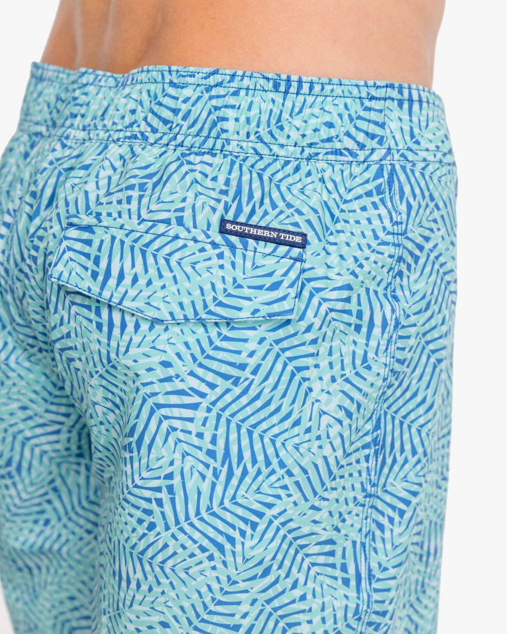 The detail view of the Southern Tide Vibin' Palm Printed Swim Short by Southern Tide - Atlantic Blue