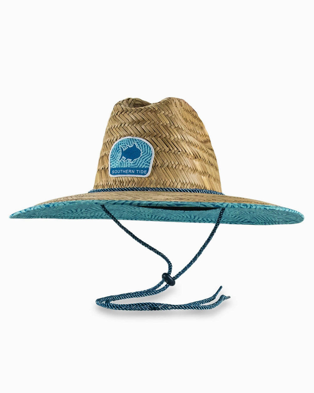 The front view of the Southern Tide Youth Vibin Palm Straw Hat by Southern Tide - Atlantic Blue