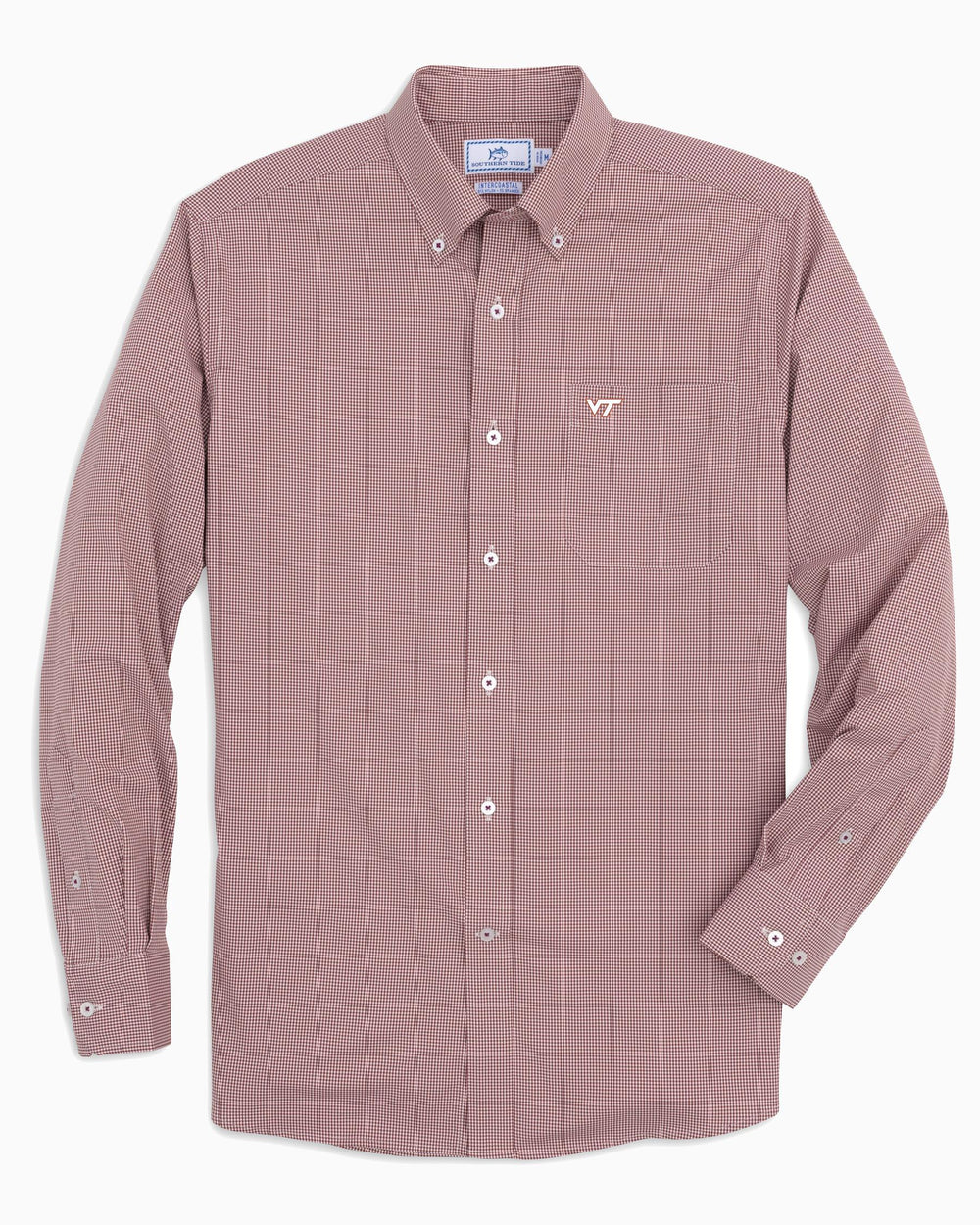 The front view of the Men's Red Virginia Tech Hokies Gingham Button Down Shirt by Southern Tide - Chianti