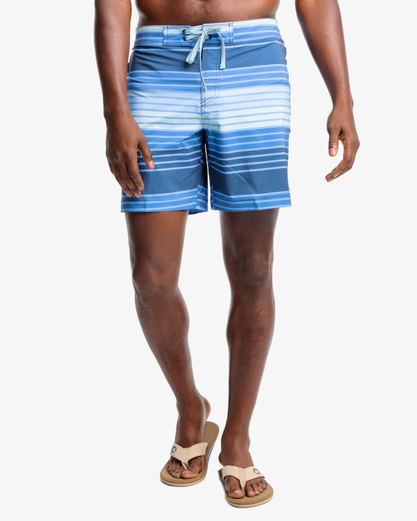 The front view of the Southern Tide Wateree Stripe Printed Swim Short by Southern Tide - Aged Denim