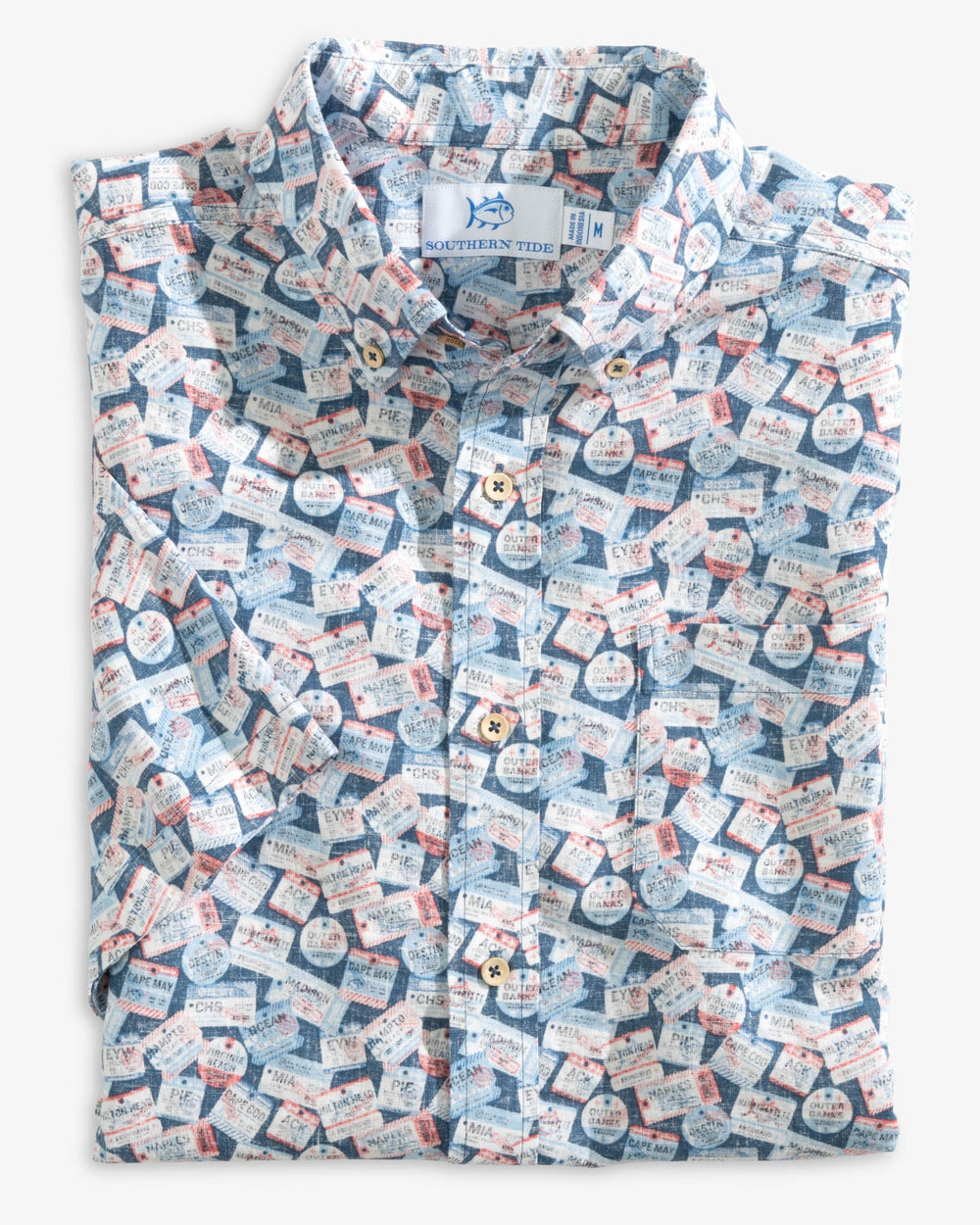 The folded view of the Southern Tide Welcome Aboard Short Sleeve Button Down Sport Shirt by Southern Tide - Aged Denim