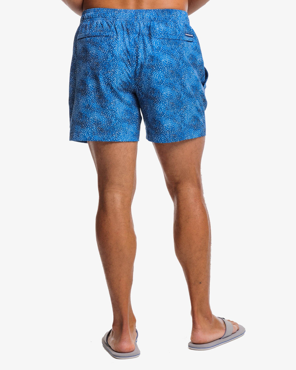 The back view of the Southern Tide Well Well Whale Printed Swim Trunk by Southern Tide - Atlantic Blue