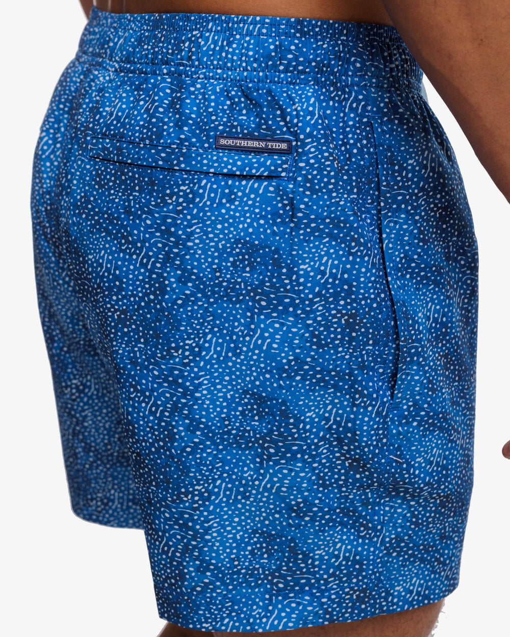 The detail view of the Southern Tide Well Well Whale Printed Swim Trunk by Southern Tide - Atlantic Blue