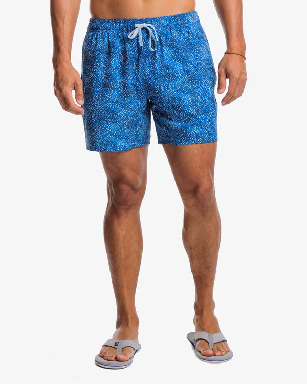 The front view of the Southern Tide Well Well Whale Printed Swim Trunk by Southern Tide - Atlantic Blue