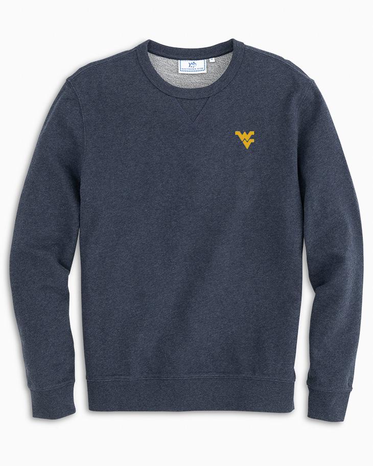 The front view of the Men's Navy West Virginia Upper Deck Pullover Sweatshirt by Southern Tide - Heather Navy