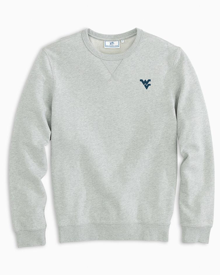 The front view of the Men's Grey West Virginia Upper Deck Pullover Sweatshirt by Southern Tide - Heather Slate Grey