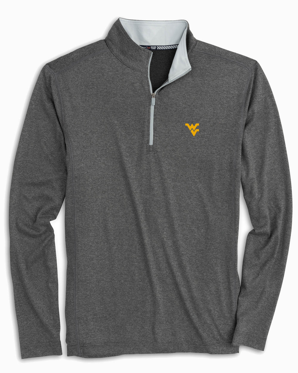 The front view of the Men's West Virginia University Flanker Quarter Zip Pullover by Southern Tide - Heather Polarized Grey