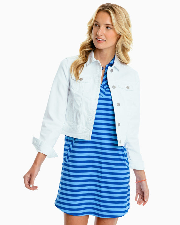 The front view of the Women's White Jean Jacket by Southern Tide - Classic White