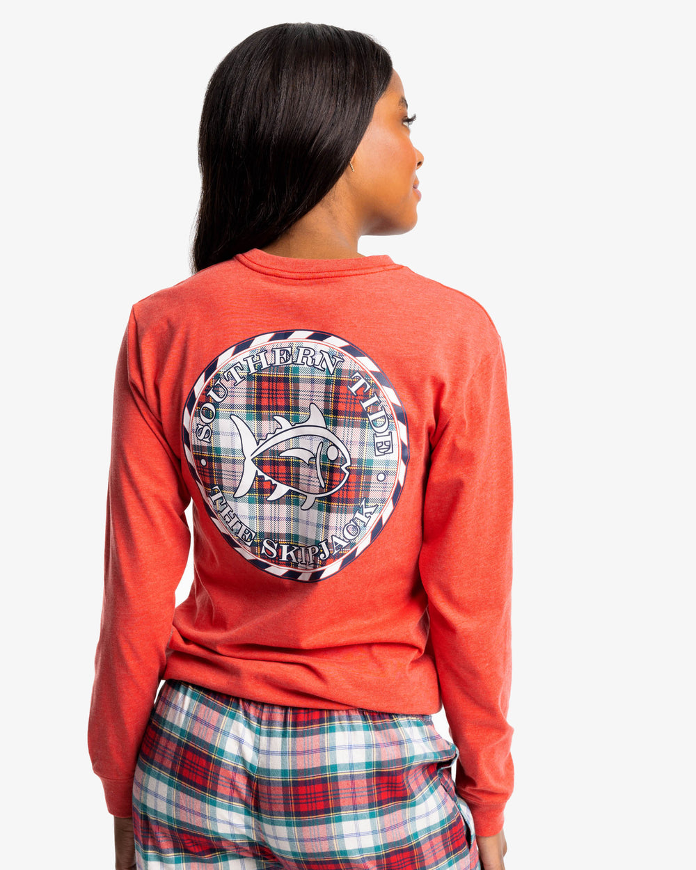 The back view of the Southern Tide Women's Heather Plaid Skipjack Medallion Long Sleeve T-Shirt by Southern Tide - Heather Charleston Red