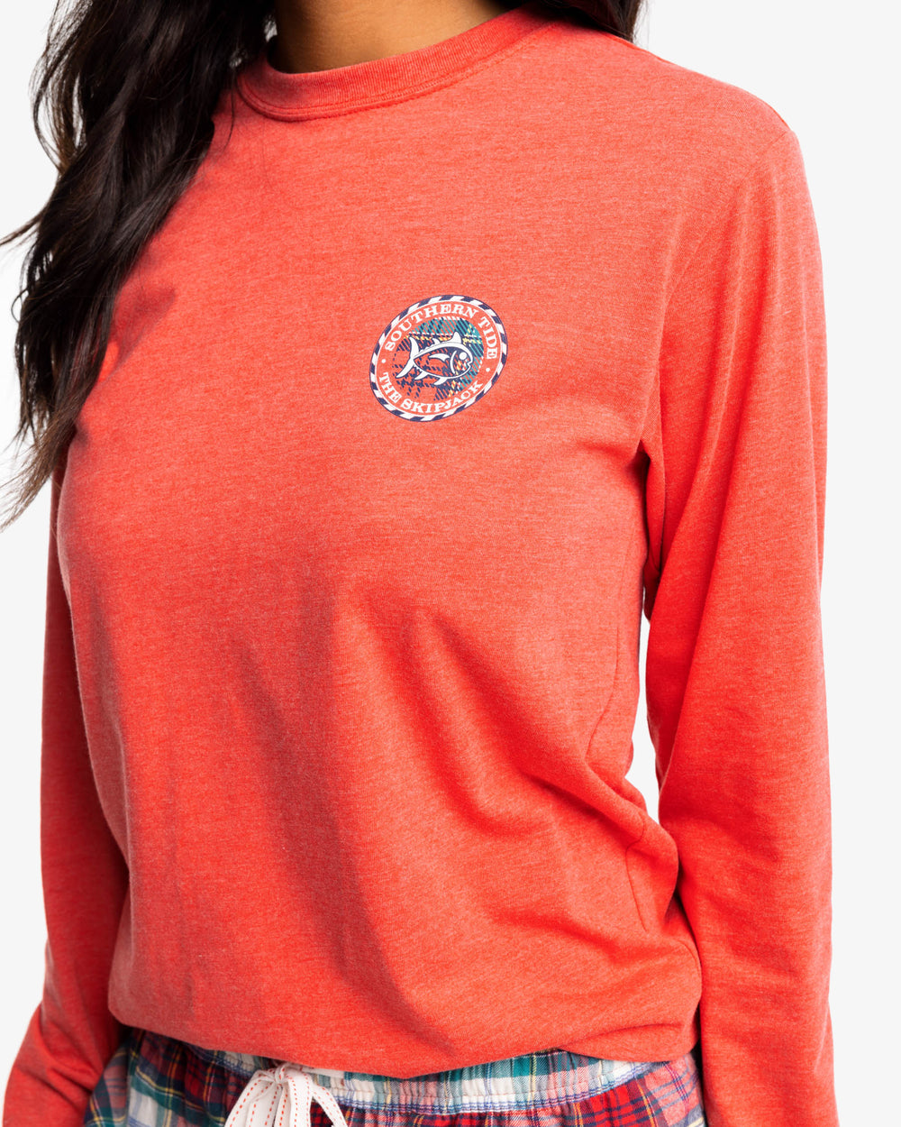 The detail view of the Southern Tide Women's Heather Plaid Skipjack Medallion Long Sleeve T-Shirt by Southern Tide - Heather Charleston Red