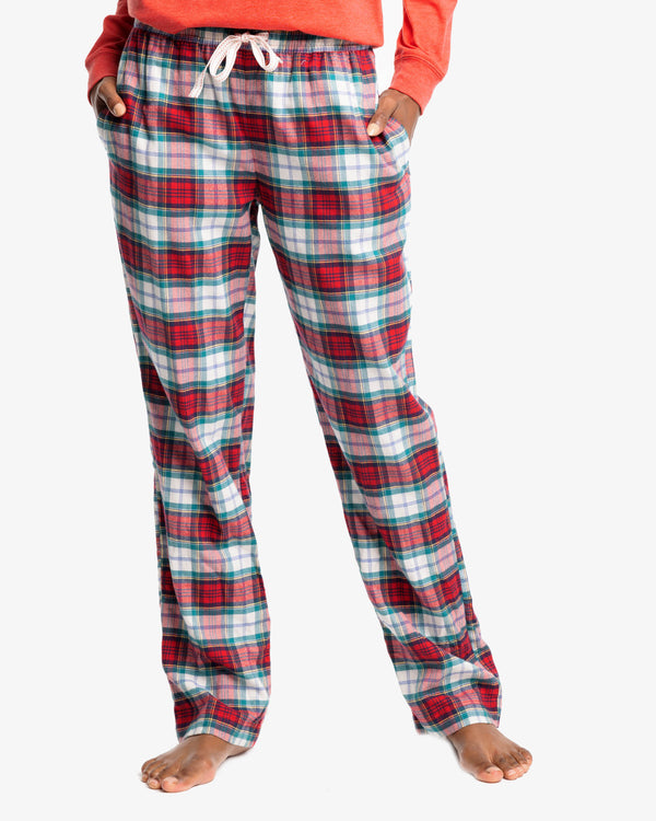 The front view of the Southern Tide Women's Pinedrop Plaid Lounge Pant by Southern Tide - Charleston Red