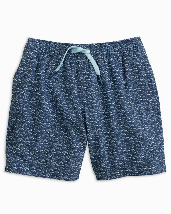 The front view of the Southern Tide Youth Araby Cove Swim Trunk by Southern Tide - Aged Denim