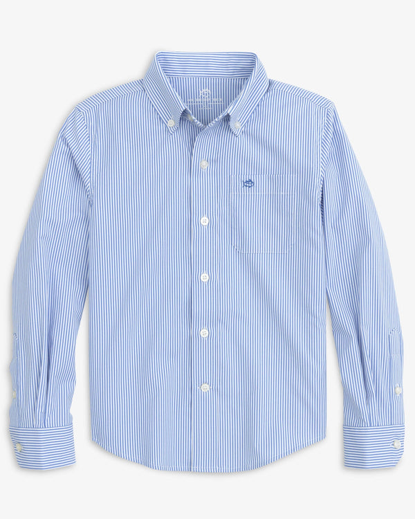 The front view of the Southern Tide Youth Bengal Stripe Intercoastal Sport Shirt by Southern Tide - Cobalt Blue