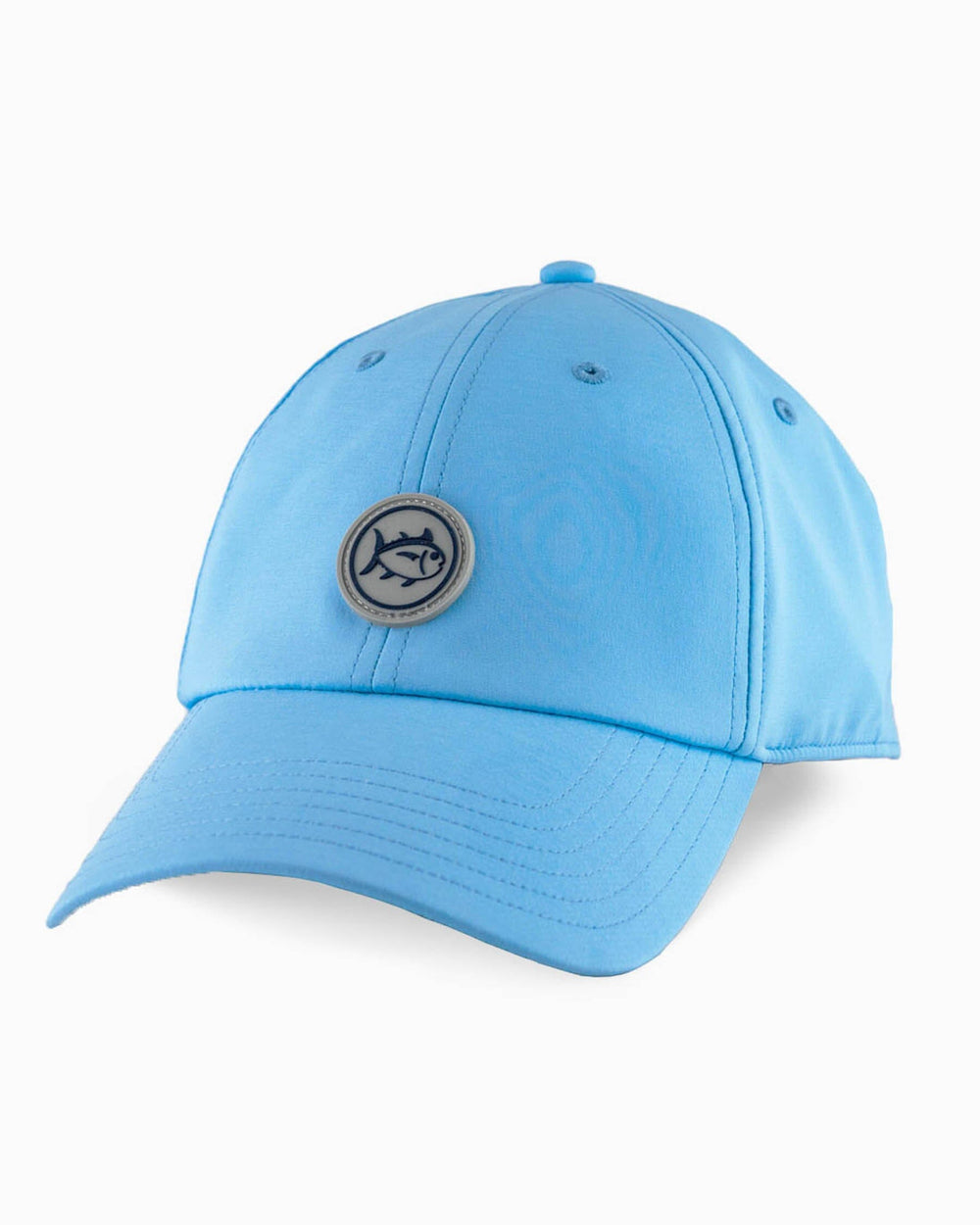 The front view of the Southern Tide Youth Circle Skipjack Patch Performance Hat by Southern Tide - Sky Blue
