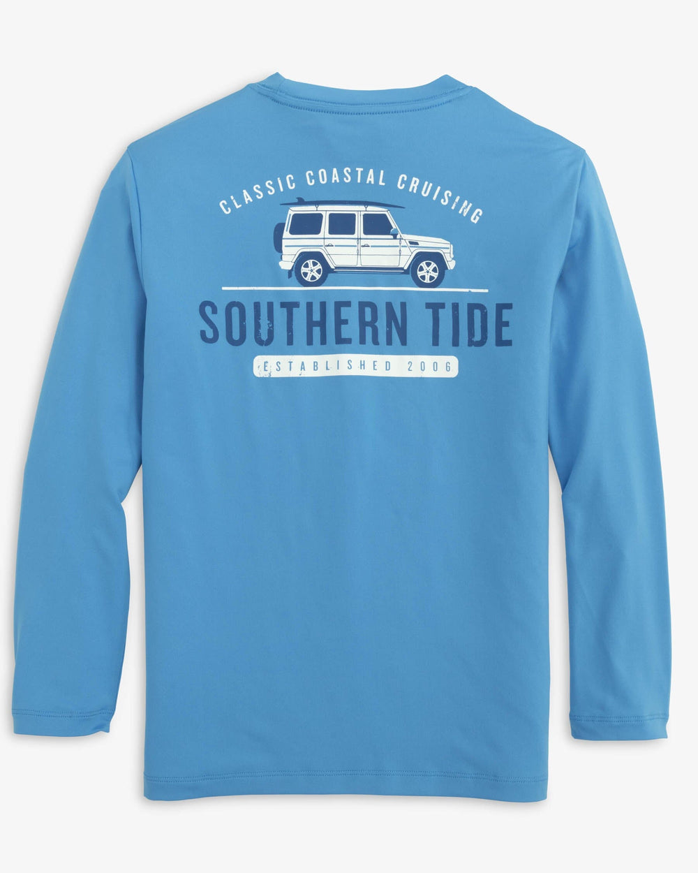 The back view of the Southern Tide Youth Classic Cruising Long Sleeve Performance T-Shirt by Southern Tide - Boat Blue