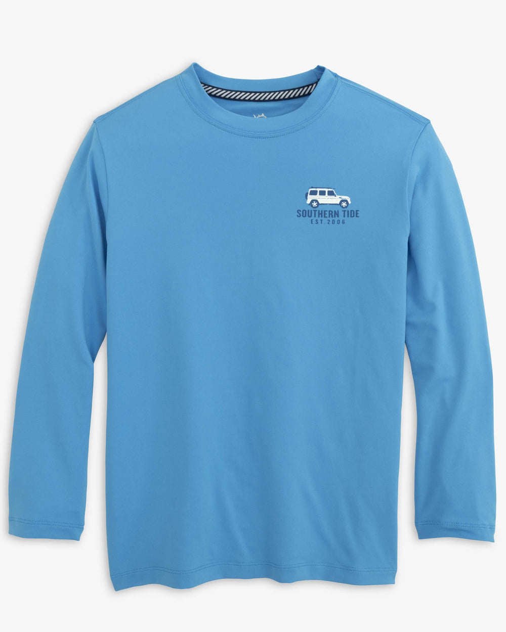 The front view of the Southern Tide Youth Classic Cruising Long Sleeve Performance T-Shirt by Southern Tide - Boat Blue