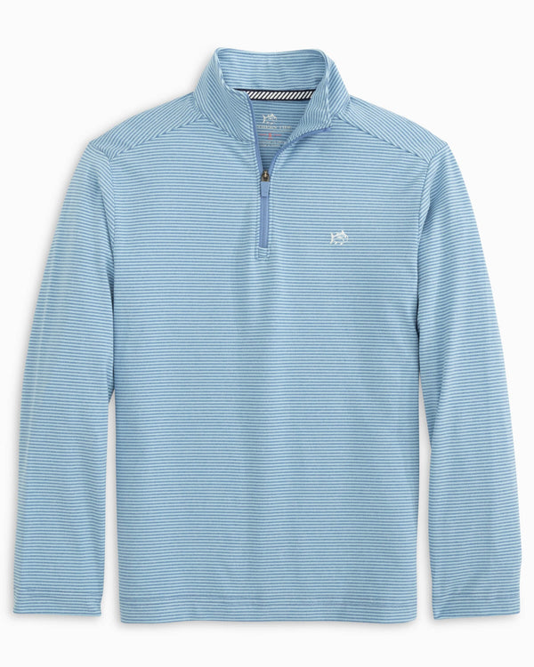 The front view of the Southern Tide Youth Cruiser Heather Micro-Stripe Quarter Zip by Southern Tide - Heather Atlantic Blue
