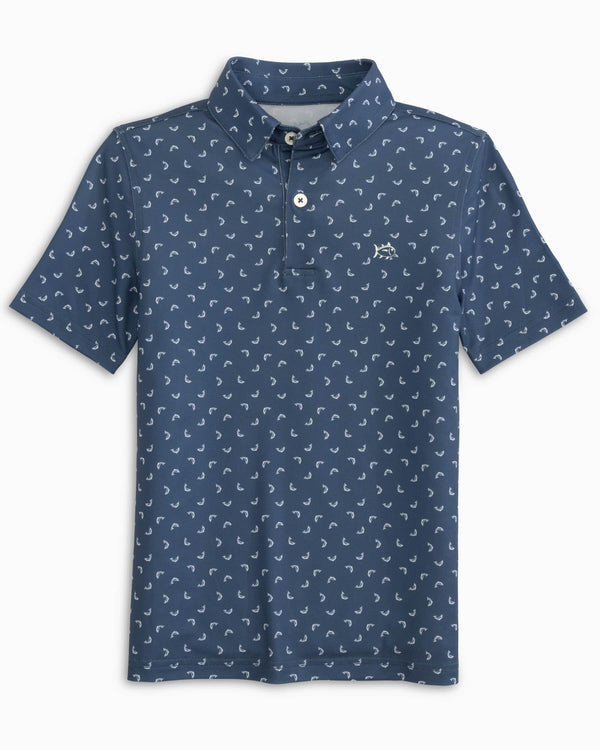 The front view of the Southern Tide Youth Driver Fish Toss Print Performance Polo Shirt by Southern Tide - Aged Denim