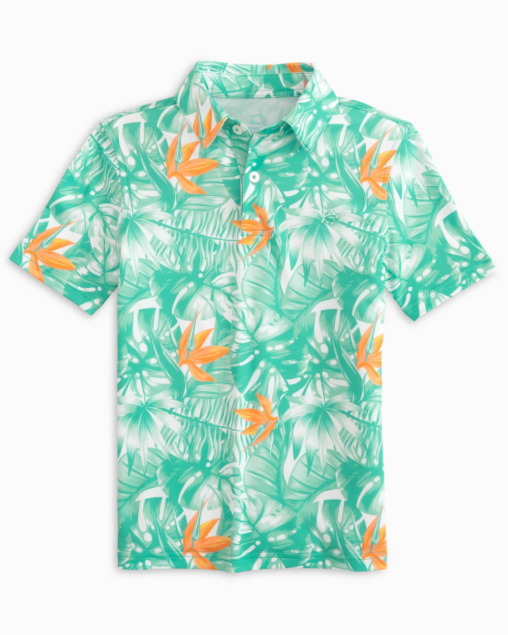 The front view of the Southern Tide Youth Driver Monstera Palm Print Performance Polo Shirt by Southern Tide - Cloud White