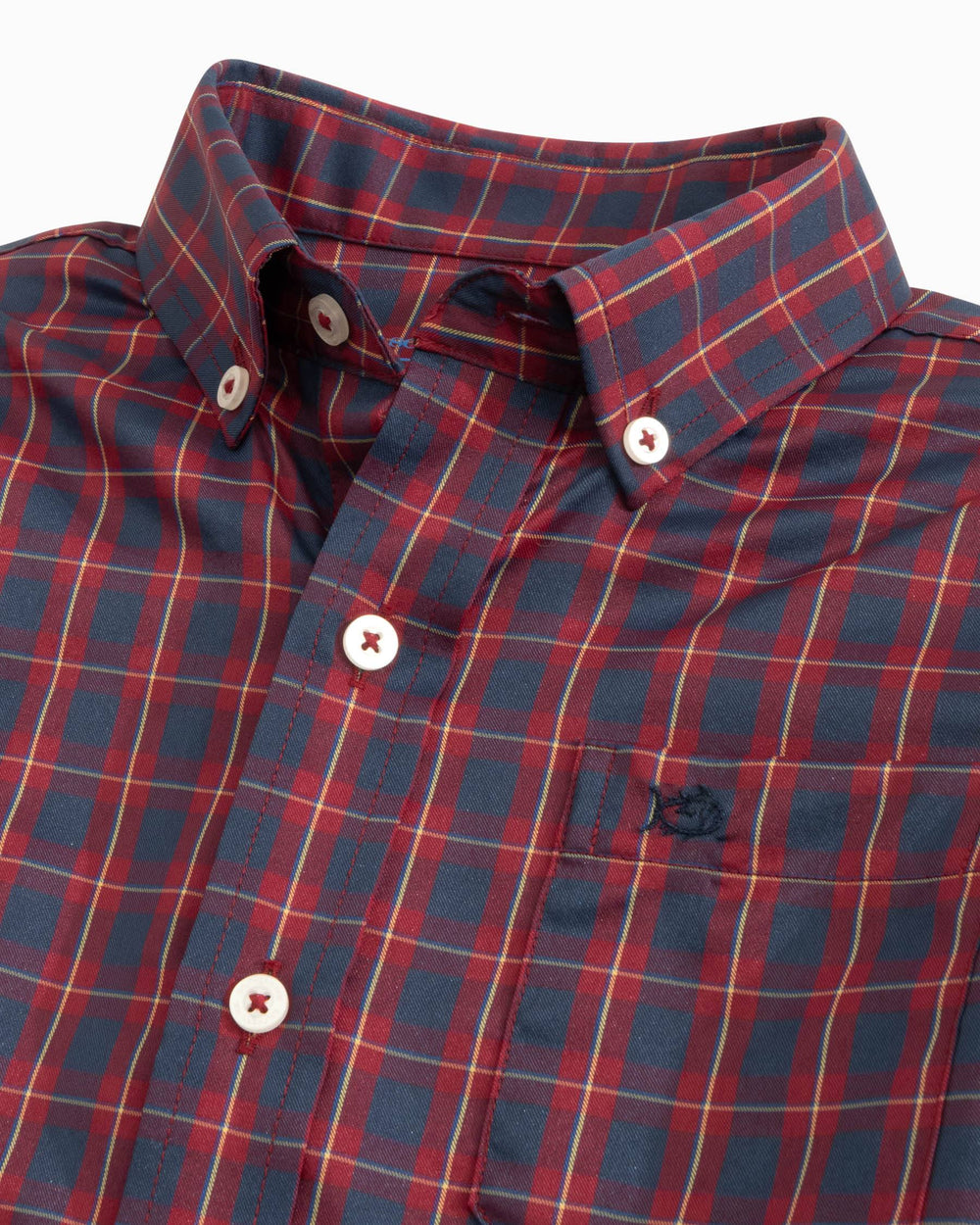 The detail view of the Southern Tide Youth Glenbrook Plaid Intercoastal Sport Shirt by Southern Tide - Dark Red
