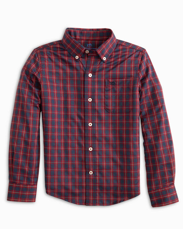 The front view of the Southern Tide Youth Glenbrook Plaid Intercoastal Sport Shirt by Southern Tide - Dark Red