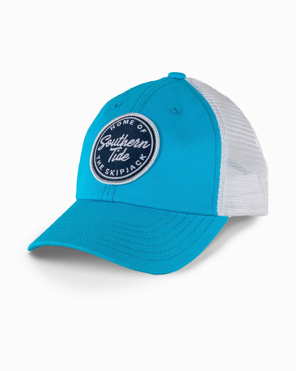The front view of the Southern Tide Youth Home of the Skipjack Patch Trucker by Southern Tide - Blue