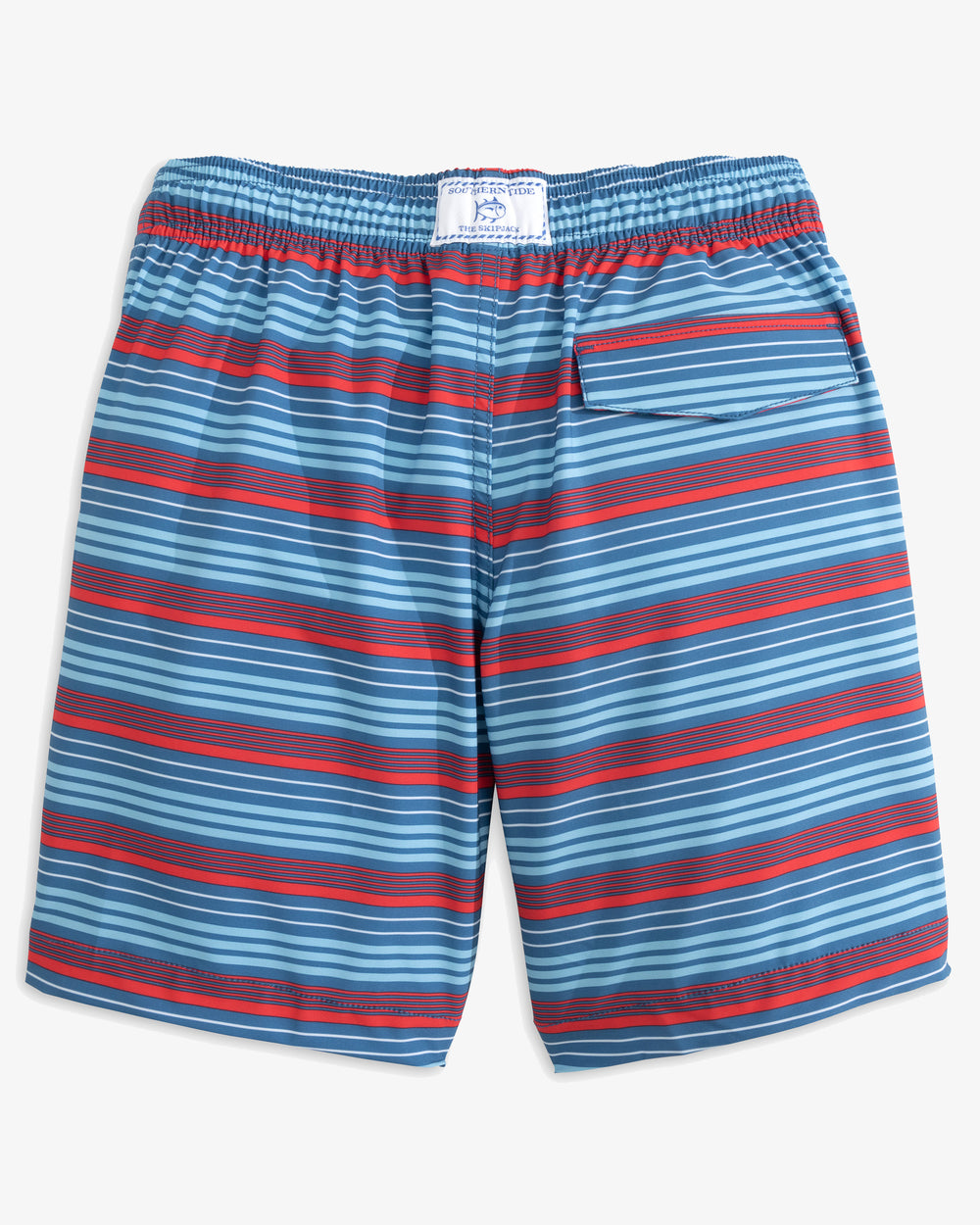The back view of the Boys Largo Stripe Swim Trunk by Southern Tide - Deep Water