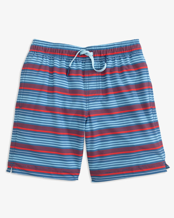 The front view of the Boys Largo Stripe Swim Trunk by Southern Tide - Deep Water