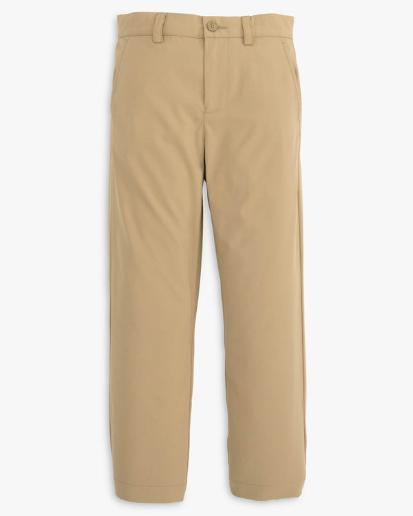 The front view of the Youth Leadhead Performance Pant by Southern Tide - Sandstone Khaki
