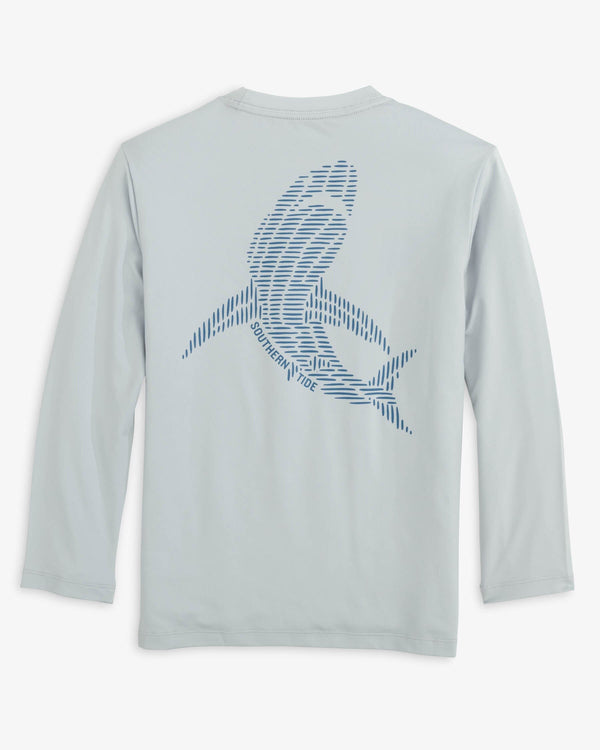 The back view of the Southern Tide Youth Lined Shark Long Sleeve Performance T-Shirt by Southern Tide - Slate Grey
