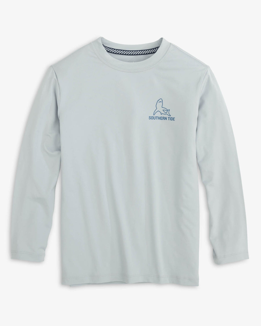 The front view of the Southern Tide Youth Lined Shark Long Sleeve Performance T-Shirt by Southern Tide - Slate Grey