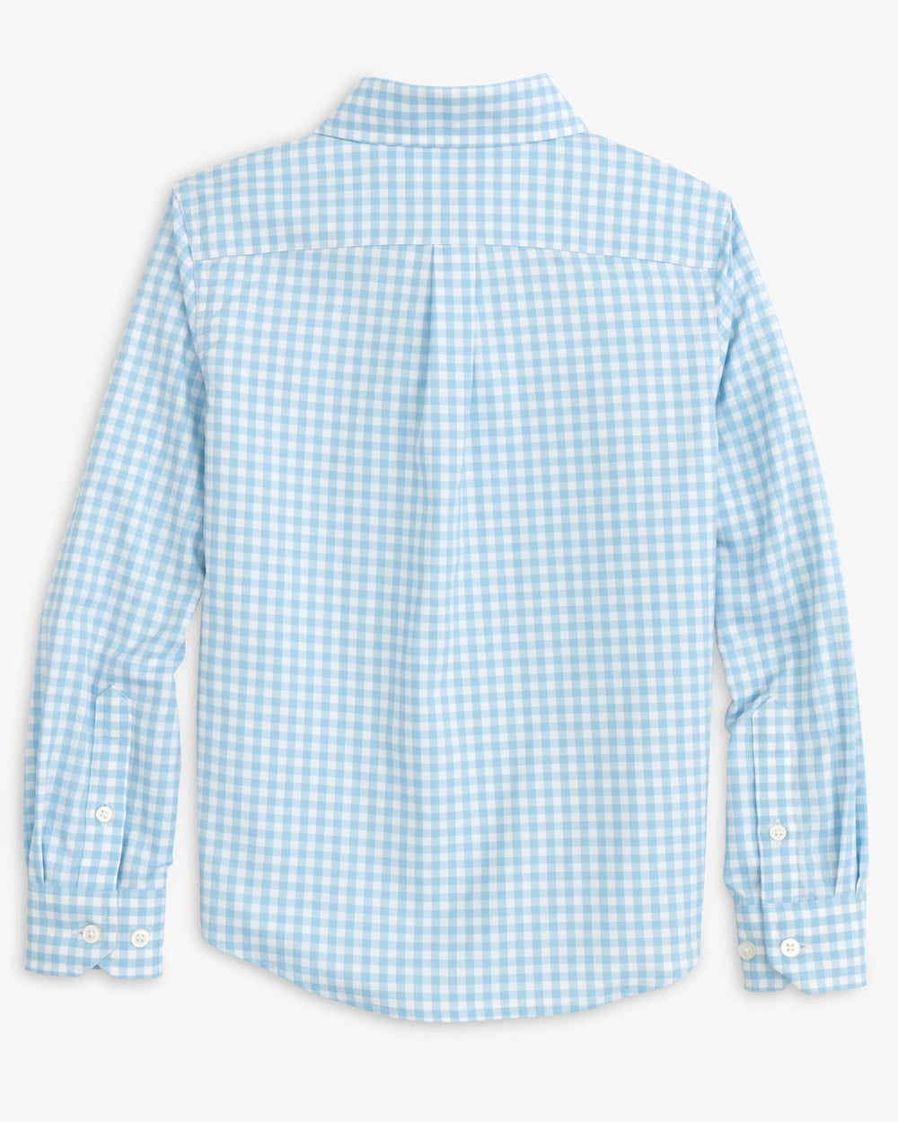 The back view of the Southern Tide Youth Long Sleeve Hartwell Plaid Sportshirt by Southern Tide - Rain Water