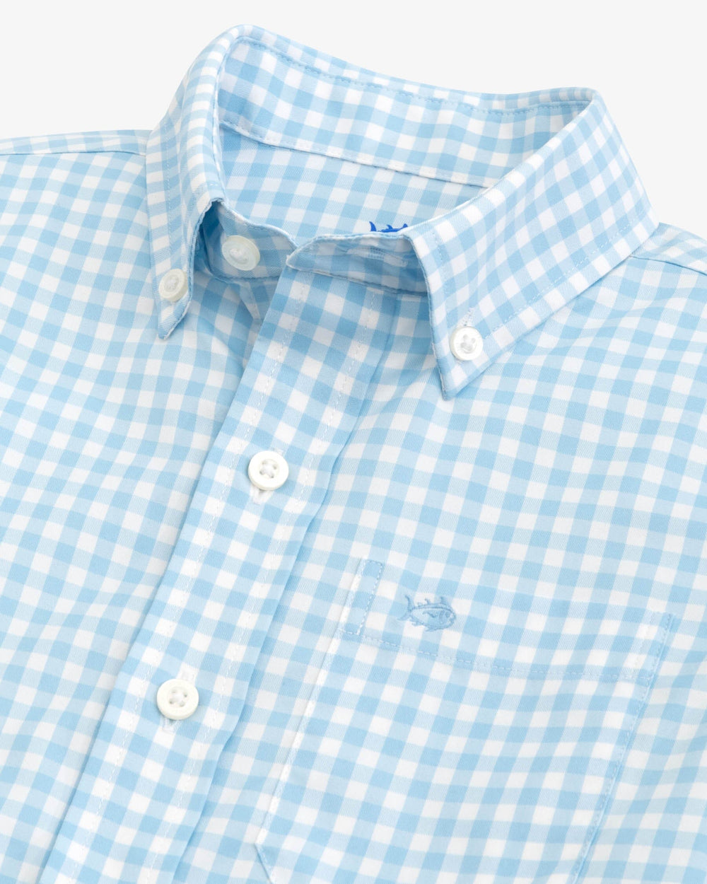 The detail view of the Southern Tide Youth Long Sleeve Hartwell Plaid Sportshirt by Southern Tide - Rain Water