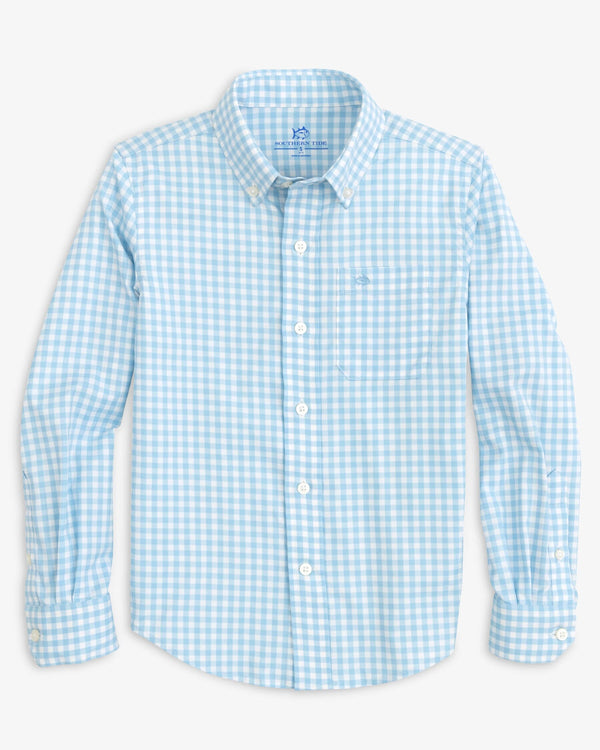 The front view of the Southern Tide Youth Long Sleeve Hartwell Plaid Sportshirt by Southern Tide - Rain Water