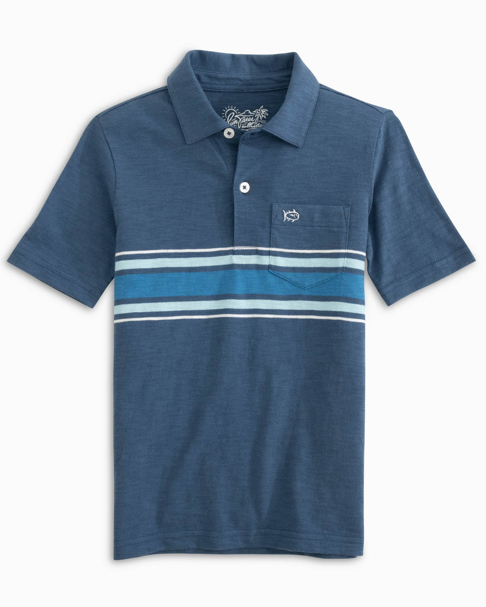 The front view of the Southern Tide Youth Mesa Sun Farer Polo Shirt by Southern Tide - Aged Denim