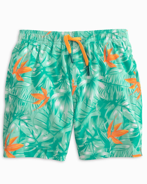 The front view of the Southern Tide Youth Monstera Palm Swim Trunk by Southern Tide - Baltic Teal