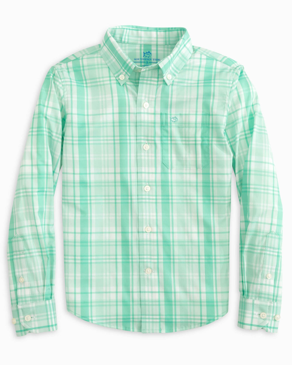 The front view of the Southern Tide Youth Palm Canyon Plaid Intercoastal Sport Shirt by Southern Tide - Baltic Teal