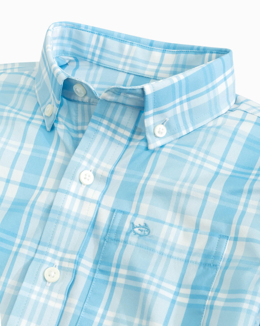 The detail view of the Southern Tide Youth Palm Canyon Plaid Intercoastal Sport Shirt by Southern Tide - Rain Water