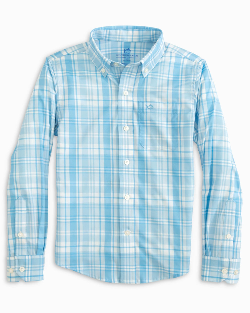 The front view of the Southern Tide Youth Palm Canyon Plaid Intercoastal Sport Shirt by Southern Tide - Rain Water