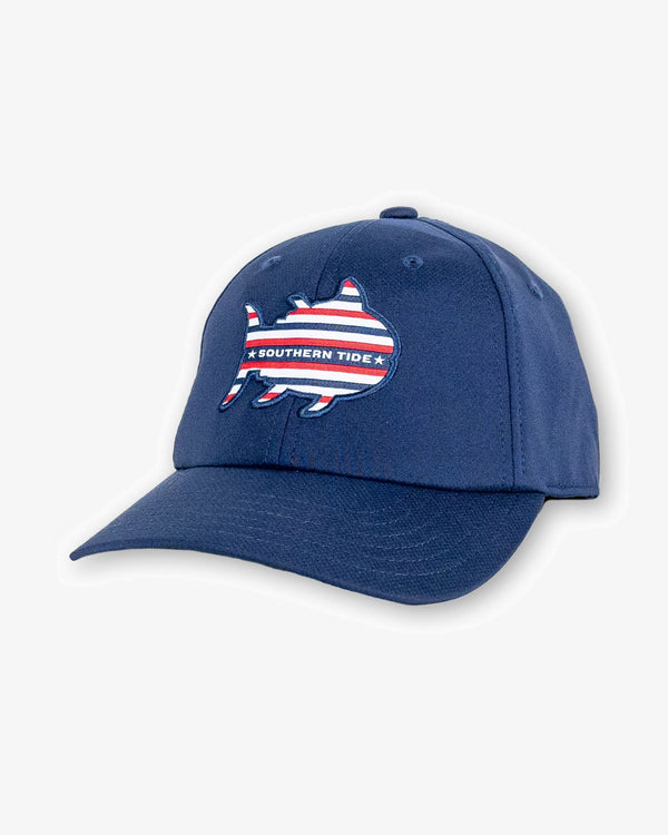 The front view of the Southern Tide Youth Rockets Red Glare Performance Hat by Southern Tide - Navy