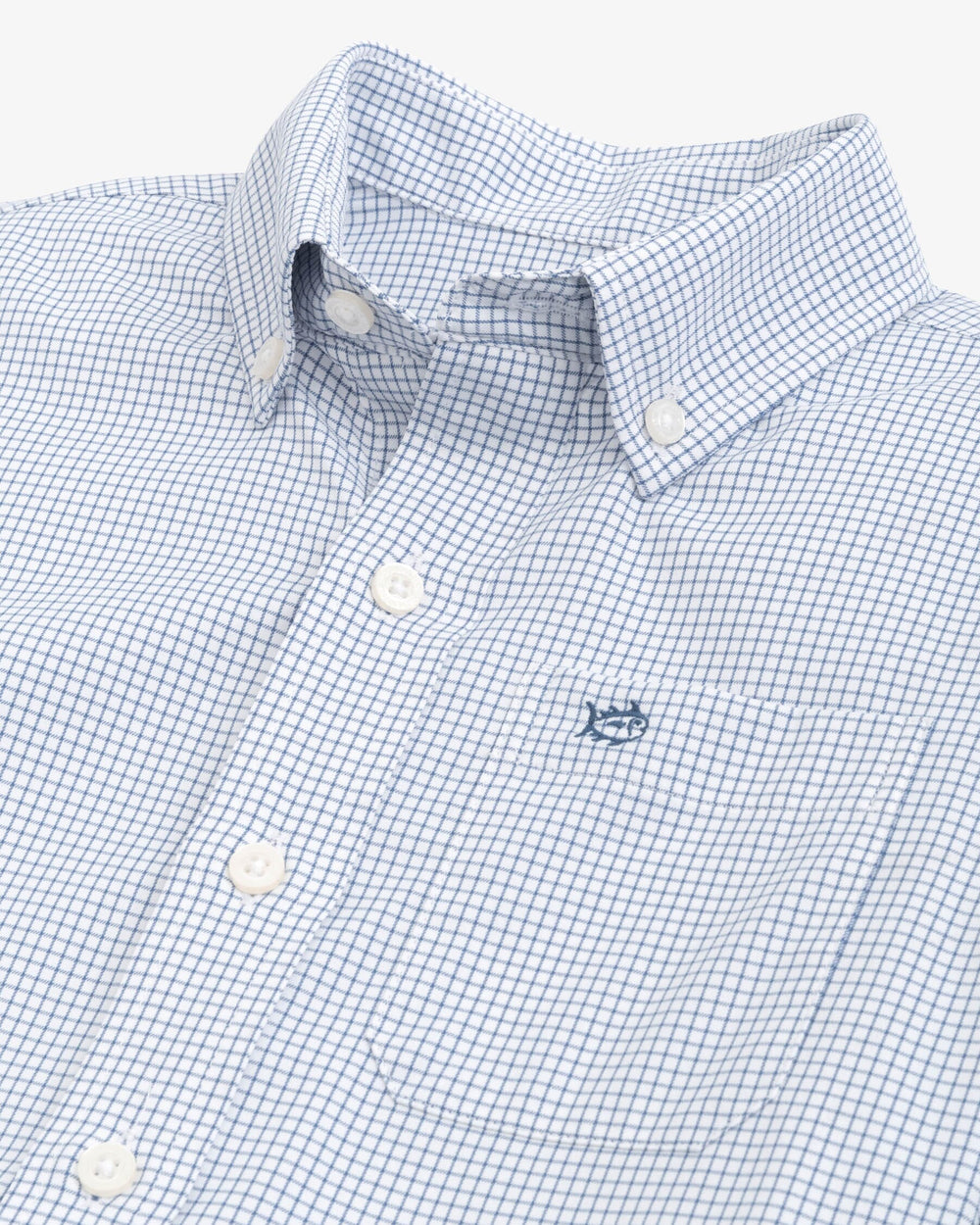 The detail view of the Southern Tide Youth Rosemont Tattersall Intercoastal Sport Shirt by Southern Tide - Seven Seas Blue
