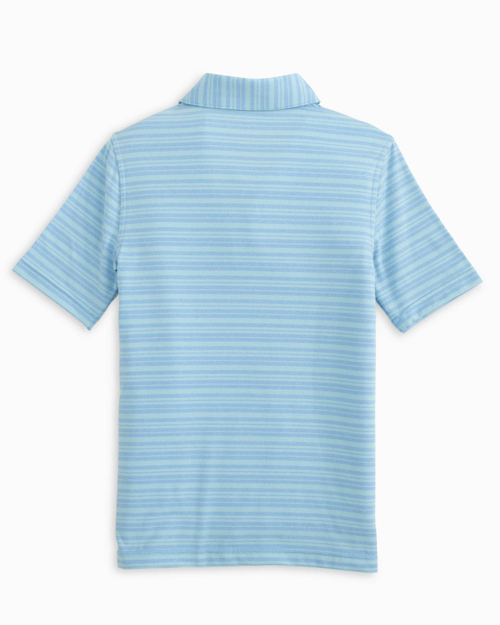 The back view of the Southern Tide Youth Ryder Heather Bombay Stripe Performance Polo Shirt by Southern Tide - Heather Boat Blue