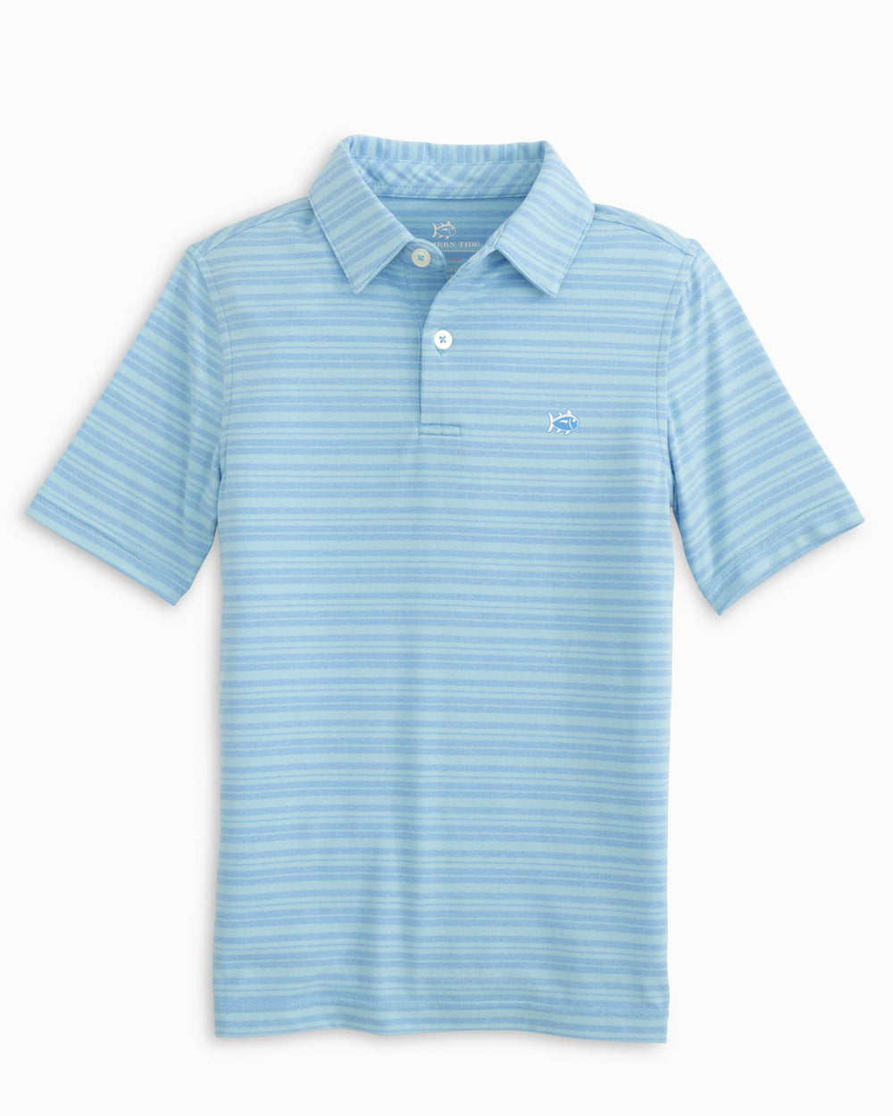 The front view of the Southern Tide Youth Ryder Heather Bombay Stripe Performance Polo Shirt by Southern Tide - Heather Boat Blue