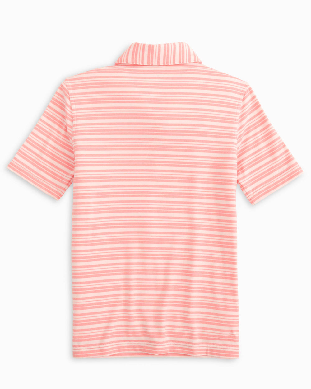 The back view of the Southern Tide Youth Ryder Heather Bombay Stripe Performance Polo Shirt by Southern Tide - Heather Flamingo Pink
