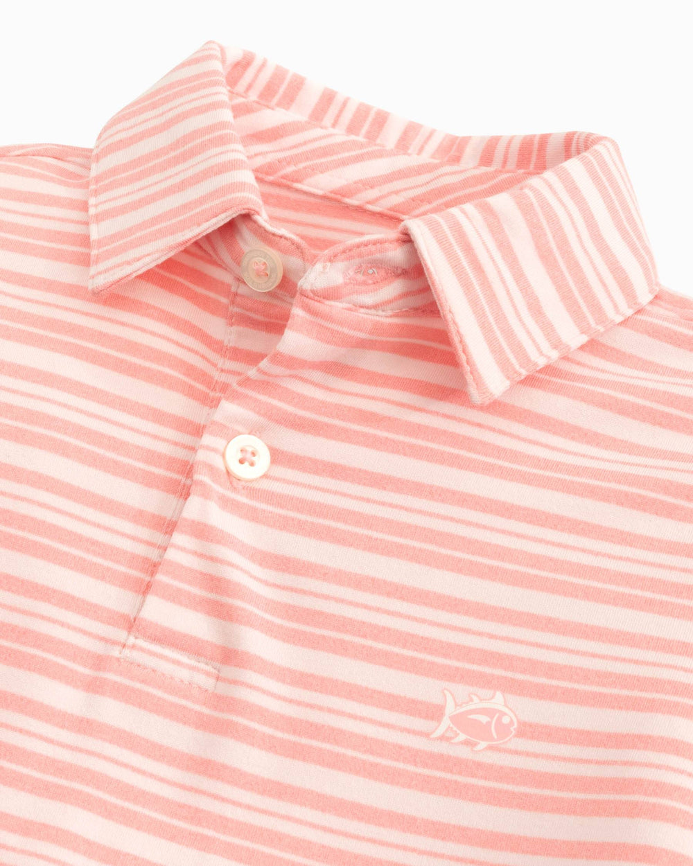 The detail view of the Southern Tide Youth Ryder Heather Bombay Stripe Performance Polo Shirt by Southern Tide - Heather Flamingo Pink