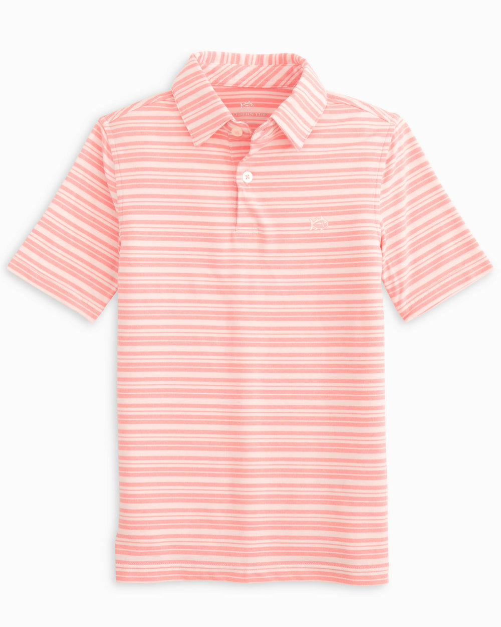 The front view of the Southern Tide Youth Ryder Heather Bombay Stripe Performance Polo Shirt by Southern Tide - Heather Flamingo Pink