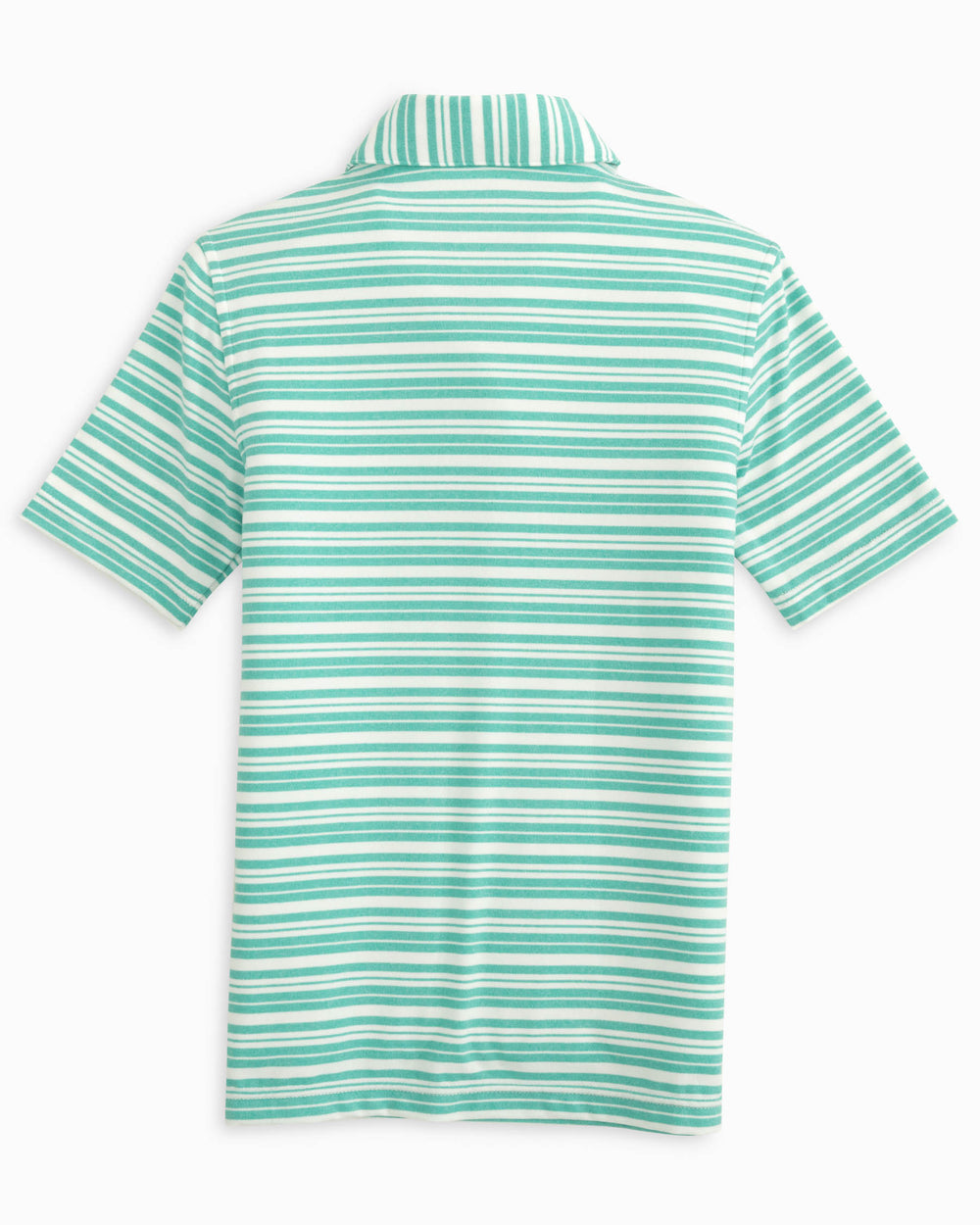 The back view of the Southern Tide Youth Ryder Heather Bombay Stripe Performance Polo Shirt by Southern Tide - Heather Tidal Wave